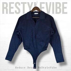 GOOD AMERICAN Women’s Size 0 Bodysuit Long Sleeve Navy Front Zipper